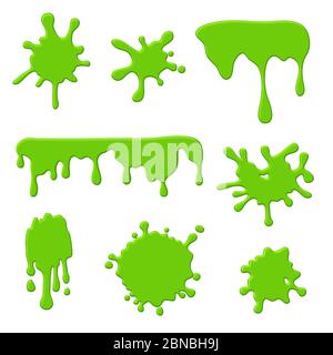 Vert citron vert. Liquide, taches et éclaboussures effrayants et goo. Bordure pour halloween – bannière calcaire effrayante. Ensemble vectoriel isolé. Illustration vert tache et blob, slime splash, fin ooze Illustration de Vecteur