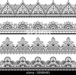 Motif indien Mehndi. Henné oriental sans couture. Décoration florale indienne cadres vectoriels. Illustration de l'embellissement du motif de tatouage sans couture de bordure Illustration de Vecteur