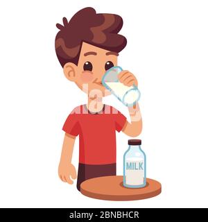 Le garçon boit du lait. Enfant tenant et buvant du lait dans le verre. Produits laitiers pour enfants en bonne santé vecteur concept. Garçon avec du lait boire, illustration dessin animé jeune enfant en bonne santé Illustration de Vecteur