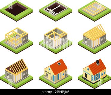 Construction de maisons. Construction phases de construction. Stade de création de maison rurale. Icônes vectorielles isométriques projet de construction maison, construction résidentielle illustration 3d Illustration de Vecteur