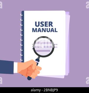 Manuel d'utilisation avec loupe. Document du guide de l'utilisateur et loupe. Icône vecteur du manuel, du manuel, de l'instruction et du guide. Illustration du manuel d'instructions avec aide d'information Illustration de Vecteur