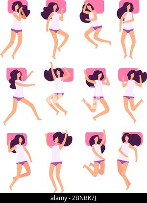 Poses de sommeil. Femme dort dans différentes postures avec oreiller. Sommeil féminin allongé dans un ensemble de vecteurs de lit. Illustration de la position de repos de la femme, poser le sommeil Illustration de Vecteur