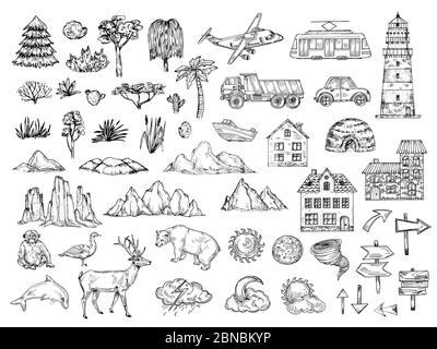 Éléments de carte dessinés à la main. Dessinez la montagne, l'arbre et le Bush, les bâtiments et les nuages. Symboles vectoriels de gravure vintage pour la cartographie. Animal et pointeur, croquis de soleil et de lune, illustration de l'ours singe Illustration de Vecteur