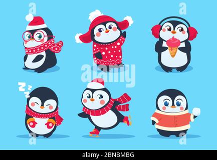 Pingouins. Personnages de pingouins de Noël en vêtements d'hiver. Noël vacances mignon vecteur mascots de dessin animé. Illustration représentant un pingouin animal de noël Illustration de Vecteur