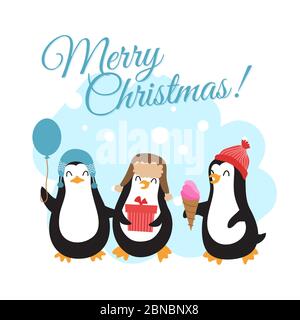Joyeux Noël hiver vacances vecteur carte de voeux modèle avec dessin mignon pingouins de dessin animé illustration Illustration de Vecteur