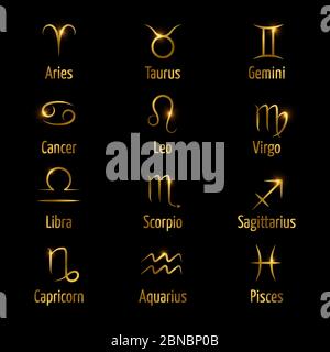 Les symboles vectoriels du zodiaque dessinés à la main brillent l'effet or. Astrologie horoscope zodiaque, vierge et aries, aquarius et gémeaux Illustration de Vecteur