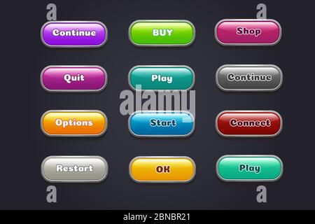 Boutons de dessin animé. Éléments colorés de l'interface utilisateur de jeux vidéo. Redémarrer et continuer, démarrer et jouer ensemble de boutons. Illustration du web de jeu, bouton gui pour le menu Illustration de Vecteur