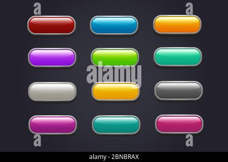 Boutons de jeu. Collection de vecteurs de bouton de jeu vidéo de dessin animé brillant. Menu des boutons de jeu d'interface, illustration d'application brillante Illustration de Vecteur