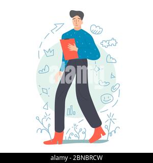 Un jeune homme brunette marche sur le sol et tient une tablette rouge avec des documents. Fond blanc de bouloche avec fleurs vertes et trucs de bureau. Illustration de Vecteur