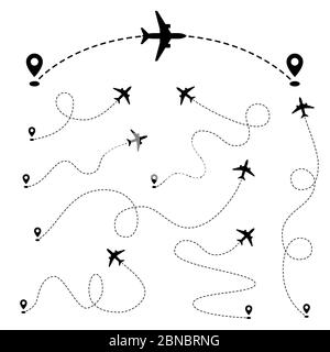 Chemins d'avion. Ligne de tracé en pointillés à partir du point. Ensemble de vecteurs. Avion de chemin, ligne de route de l'avion, illustration de l'air de piste Illustration de Vecteur