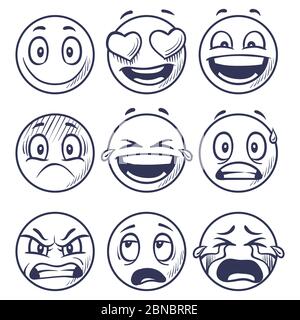 Dessinez des sourires. Doodle Smiley dans différentes émotions. Visages souriants dessinés à la main, ensemble de vecteurs d'émoticônes. Visage doodle émotion, smiley emoji esquisse Illustration de Vecteur
