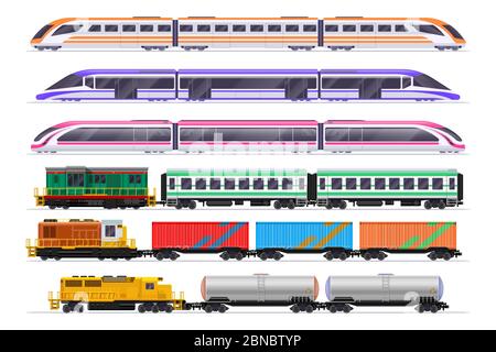 Trains. Train de passagers et de fret avec wagons. Transport ferroviaire vectoriel isolé sur fond blanc. Transport ferroviaire de voyageurs et fret de fret, illustration du type d'électricité Illustration de Vecteur