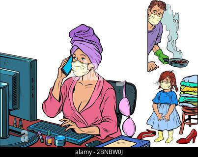 femme travaille à domicile indépendant épidémie auto-isolement quarantaine Illustration de Vecteur