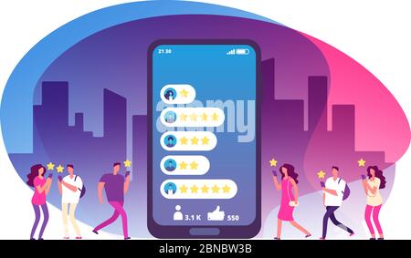 Avis et commentaires des clients. Cinq étoiles sur l'écran du smartphone et les clients. Enquête en ligne, concept de vecteur de satisfaction des clients. Illustration de l'évaluation, du service client de feedback Illustration de Vecteur
