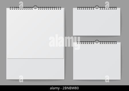 Maquette de calendrier mural. Calendrier blanc vierge pour bureau avec reliure spirale. modèle isolé de vecteur 3d. Illustration de rappel papier vide, maquette en spirale murale, calendrier réaliste Illustration de Vecteur