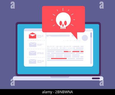 Alerte de virus sur ordinateur portable. Notification de cheval de troie malveillant sur l'écran de l'ordinateur. Attaque de hacker et concept de vecteur de connexion Internet non sécurisée. Illustration de programmes malveillants de virus Internet Illustration de Vecteur