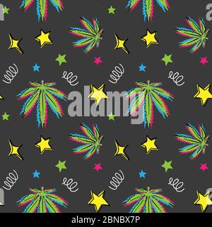 Motif feuilles de mauvaises herbes foncé. Cannabis de chienne, marijuana, chanvre, motif de mauvaises herbes dans memphis design Illustration de Vecteur