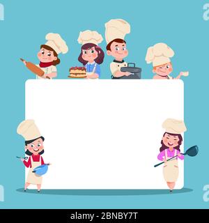 Petits cuisiniers. Chef pour enfants avec une grande bannière blanche vierge. Jeu de caractères vectoriels pour étudiants en cours de cuisine. Chef et cuisinier, illustration de la cuisine Illustration de Vecteur