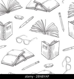 Croquis de livres avec motif sans couture. La lecture et l'écriture d'eBooks, l'éducation scolaire et la bibliothèque doodle fond vectoriel avec des livres pile. Manuel d'éducation, croquis de livre école modèle Illustration de Vecteur