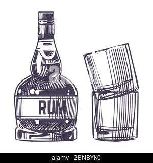 Rhum tiré à la main et deux verres vecteur isolé sur fond blanc illustration Illustration de Vecteur