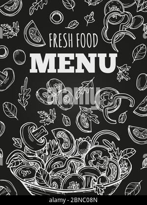 Modèle vectoriel de menu de produits frais tableau noir. Motif couverture de menu avec illustration salade et légumes dessinés à la main Illustration de Vecteur