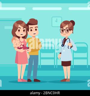 Famille heureuse avec bébé et médecin pédiatre. Concept de dessin animé vectoriel de soins pédiatriques. Famille et pédiatre médecin femme, mère père avec illustration de bébé Illustration de Vecteur