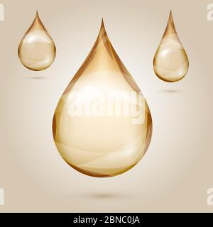 Illustration vectorielle isolée avec gouttes d'huile jaune brillant. Une goutte cosmétique dorée Illustration de Vecteur