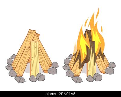 Cheminées en bois, bois de chauffage, bûches en bois et feu de bois extérieur avec billes brûlées isolées sur fond blanc. Illustration vectorielle Illustration de Vecteur