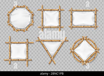 Cadres en bambou avec toile blanche. Panneaux chinois en bambou avec bannières textiles vierges. Ensemble de vecteurs isolés. Illustration du cadre en bambou, bannière vide pour le message Illustration de Vecteur