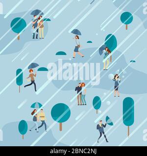 Jour de pluie dans le parc avec des personnes avec des parasols. Illustration vectorielle Illustration de Vecteur