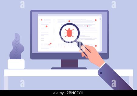 Concept de virus informatique. Main avec le logiciel de test de loupe. Icône de virus de bogue sur l'écran de l'ordinateur. Illustration vectorielle. Recherche de virus et de bogue, loupe verre dans la main Illustration de Vecteur