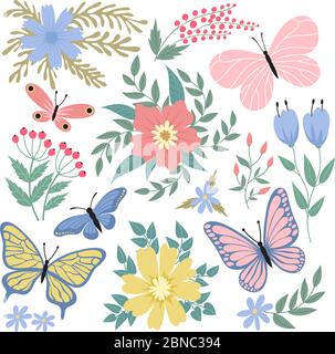 Papillons et fleurs. Collection vectorielle d'été et de printemps dessinée à la main. Illustration du papillon d'été et de la fleur colorée