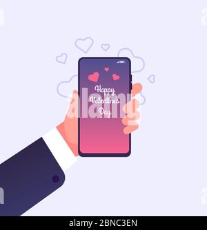 Message d'amour. Main tenant smartphone avec heureux Saint Valentin félicitations à l'écran. Carte de Saint-Valentin à motif vectoriel. Illustration de la bonne Saint Valentin Vector sur smartphone Illustration de Vecteur