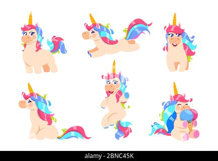 Jolies auberges. Poney de fée de dessin animé, animal de cheval de bébé magique. Personnages vectoriels de contes de fées. Illustration de poney magique avec corne et de la manie colorée Illustration de Vecteur