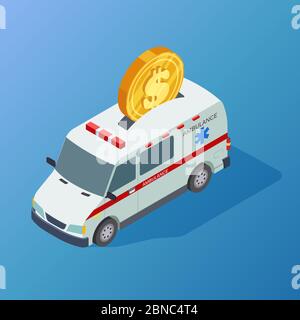 Concept de vecteur de médecine commerciale avec ambulance isométrique et illustration de pièce de dollar Illustration de Vecteur