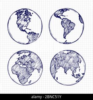 Esquisse de globe. Planète Terre dessinée à la main avec illustrations vectorielles continents isolées sur fond blanc Illustration de Vecteur