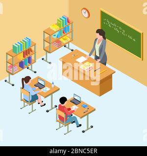 Salle de classe isométrique avec professeur et enfants. Illustration vectorielle lycée. École isométrique d'éducation, enseignant en classe avec les élèves Illustration de Vecteur