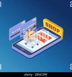Achat en ligne, e-commerce concept vectoriel isométrique. Illustration de boutique mobile ou de magasin Illustration de Vecteur