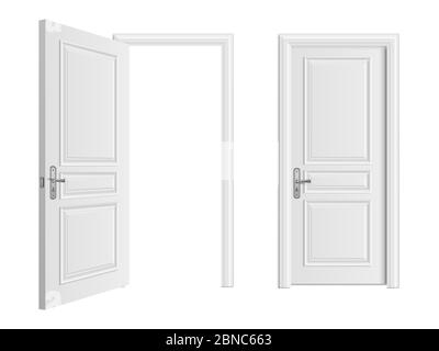 Porte d'entrée blanche ouverte et fermée, réaliste, isolée sur fond blanc. Porte à maison ou pièce, entrez l'illustration porte fermée Illustration de Vecteur