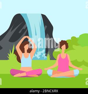 Deux femmes de méditation sur la nature avec buisson vert et cascade. Méditation de yoga, femme en bonne santé dans lotus pose illustration Illustration de Vecteur