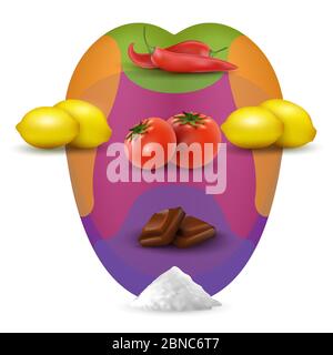 Carte de dégustation visuelle dans la bouche humaine avec la nourriture. Bouche réaliste avec citrons, piments, sel, tomates. Goût de la langue sourde, illustration de base SENSE Illustration de Vecteur