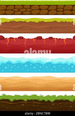 Sols sans couture. Sols, eau et niveaux de terre avec herbe, désert sablonneux. Ensemble de textures sans fin de vecteur de dessin animé. Illustration du sol et du sol horizontal, de l'eau et de l'herbe pour la surface de jeu Illustration de Vecteur