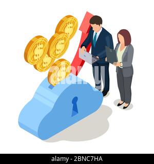 L'homme et la femme enregistrent une croissance des bénéfices record. Économisez des dollars, illustration du concept vectoriel d'analyse d'entreprise Illustration de Vecteur