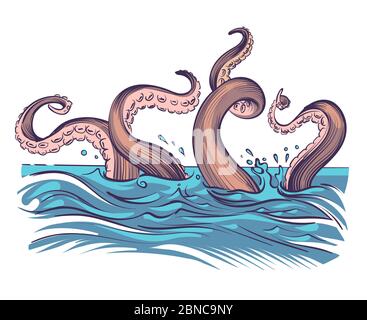 Topus tentacule en mer. Monstre sous-marin d'invertébrés marins. Illustration vectorielle de squid japonais à motif de seiches. Poulpe sous l'eau, monstre invertébré calmar Illustration de Vecteur