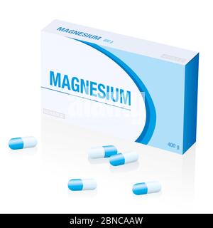 Magnésium complément Pills box, un produit médical faux - illustration sur fond blanc. Banque D'Images