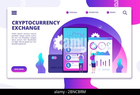 Page d'accueil de l'échange de crypto-monnaies. Paiement cryptographique en ligne. Conception de vecteur Web de marché d'entreprise. Marché de devises Crypto, échange litecoin et illustration bitcoin Illustration de Vecteur