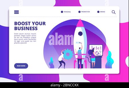 Page d'accueil du site Web de démarrage. Des gens qui lancent une fusée. Dynamisez votre activité en toute simplicité. Concept de vecteur personnalisé. Lancer, lancer et dynamiser les illustrations commerciales Illustration de Vecteur
