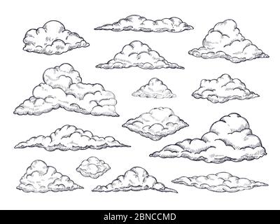 Esquisser des nuages. Ciel nuageux dessiné à la main. Esquisse de contours nuage collection de vecteurs vintage. Illustration de la forme de nuage de la collection Illustration de Vecteur