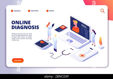 Concept médical isométrique. Diagnostic avec patient et médecin en ligne, examen de médecine à distance. Page d'accueil vecteur de santé. Illustration du diagnostic médical en ligne, médecin service Illustration de Vecteur