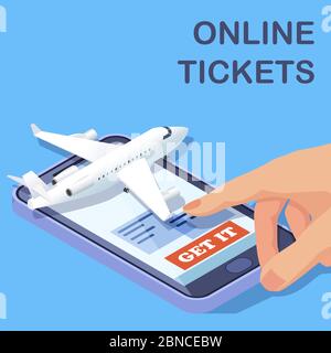 Billets d'avion en ligne mobile app concept vectoriel isométrique. Illustration de l'achat en ligne de billets pour l'avion Illustration de Vecteur